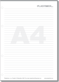 Firemní poznámkový blok formát A4, řádkovaný, lepená vazba, vrtání pro pořadač na 4 otvory
