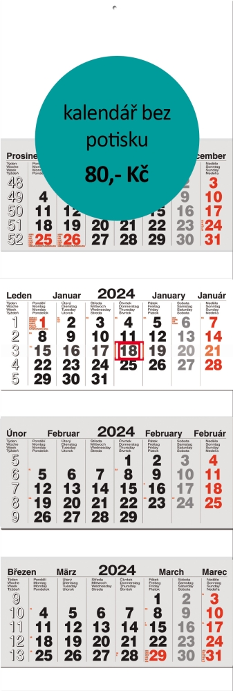 Čtyřměsíční skládaný lepený kalendář typ 4M-L, šedá-bílá-šedá, mezinárodní kalendárium