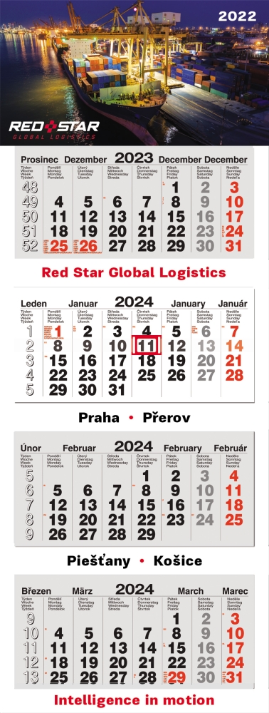 Čtyřměsíční skládaný lepený kalendář typ 4M+, šedá-bílá-šedá, mezinárodní kalendárium