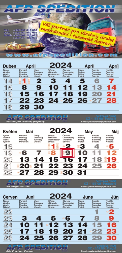 Tříměsíční kalendář skládaný, typ L30, modrá-bílá-modrá, mezinárodní kalendárium, lepená vazba