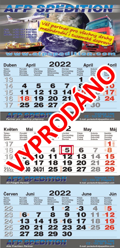 Tříměsíční kalendář skládaný, typ L30, modrá-bílá-modrá, mezinárodní kalendárium, lepená vazba