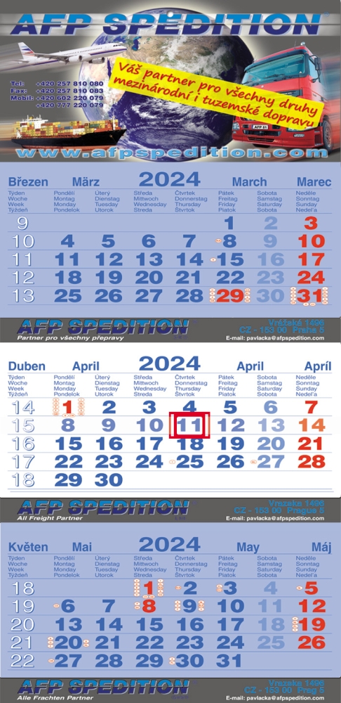 Tříměsíční kalendář skládaný, typ L35, tmavě modrá - bílá - tmavě modrá, mezinárodní kalendárium, lepená vazba