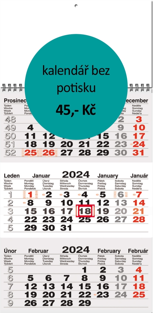 Tříměsíční kalendář typ M20, šedá-bílá-šedá, mezinárodní kalendárium