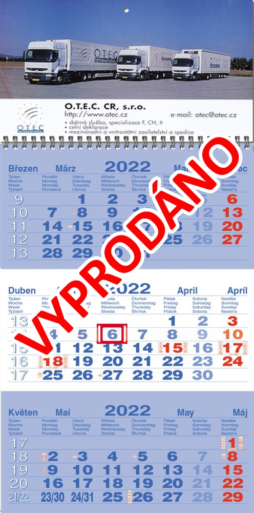 Tříměsíční kalendář typ M35, tmavě modrá - bílá - tmavě modrá, kalendárium mezinárodní