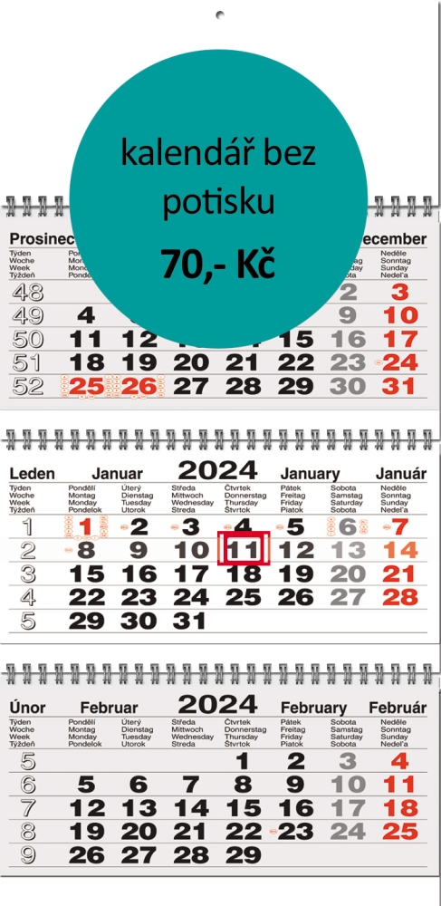 Tříměsíční kalendář skládaný typ S20, šedá-bílá-šedá, mezinárodní kalendárium, vazba twin-wire