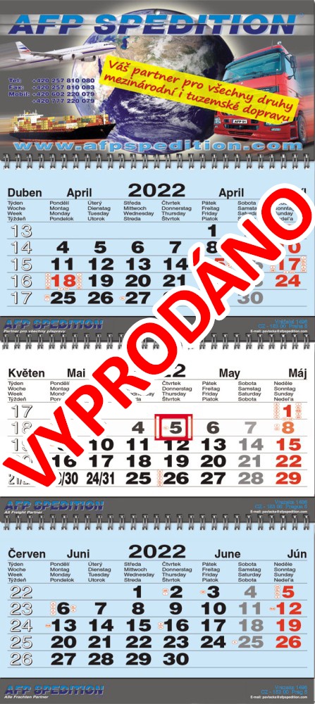 Tříměsíční kalendář skládaný typ S30, modrá-bílá-modrá, mezinárodní kalendárium, vazba twin-wire