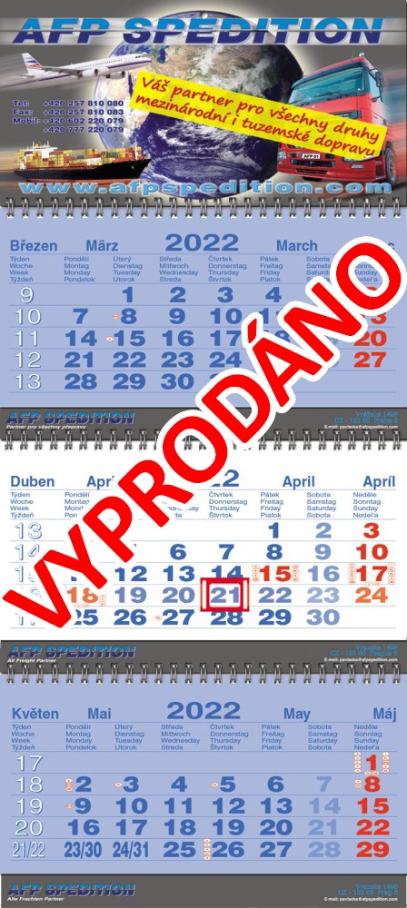 Tříměsíční kalendář skládaný typ S35, tmavě modrá - bílá - tmavě modrá, mezinárodní kalendárium, vazba twin-wire