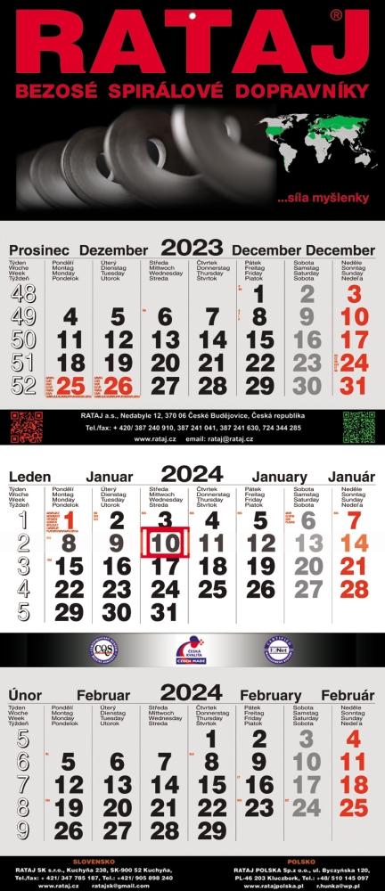 Tříměsíční kalendář skládaný typ X (větší), mezinárodní kalendárium, lepená vazba